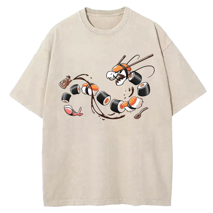 Dragon Shaped Sushi Washed Crew Neck T-Shirt