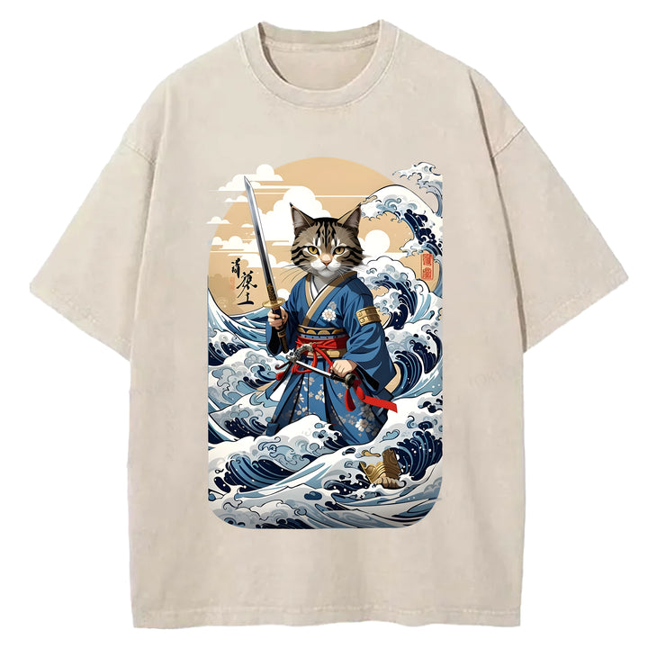 Japanese Samurai Cat Washed Crew Neck T-Shirt