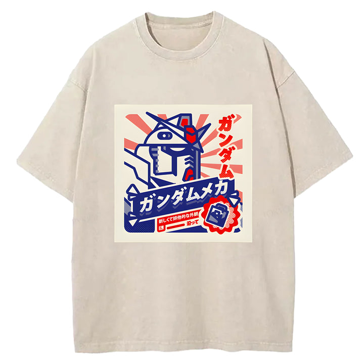 Retro Robot Japanese Design Washed Crew Neck T-Shirt