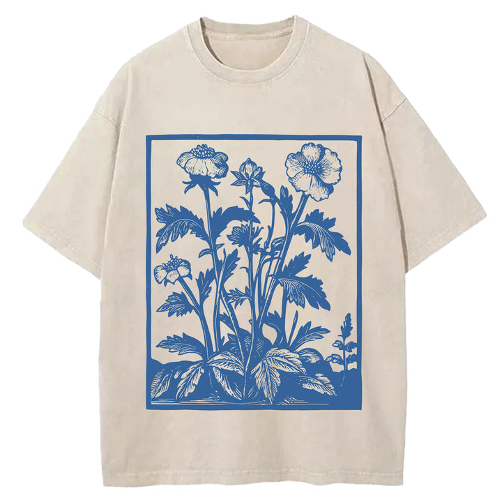 Vintage Flowers Design Washed Crew Neck T-Shirt