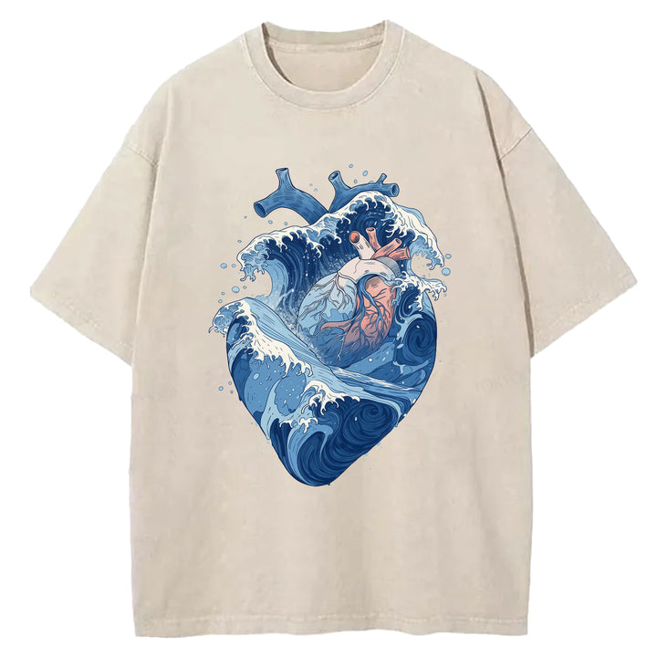 Blue Waves In The Shape Of A Heart Washed Crew Neck T-Shirt