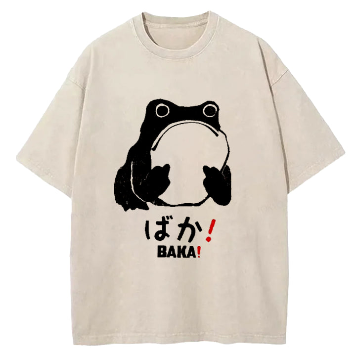 Funny Baka Frog Washed Crew Neck T-Shirt