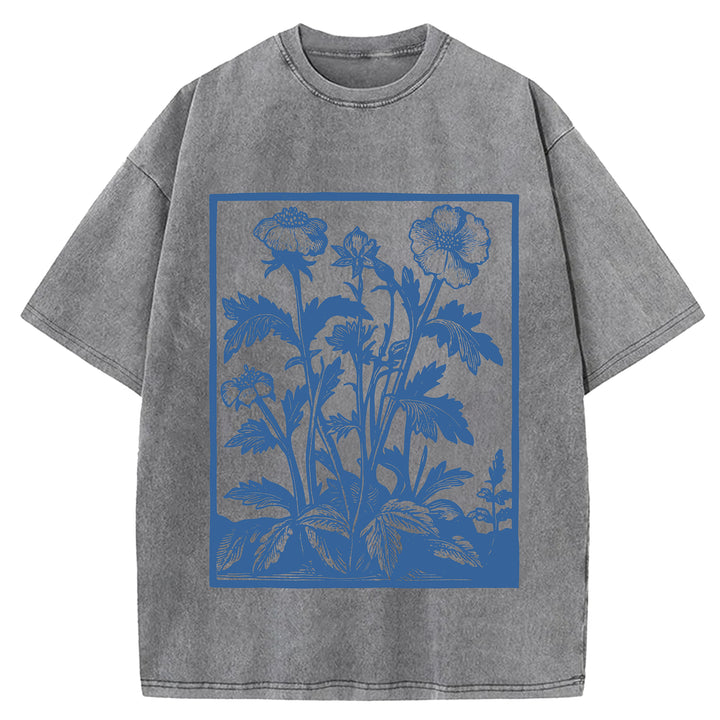 Vintage Flowers Design Washed Crew Neck T-Shirt