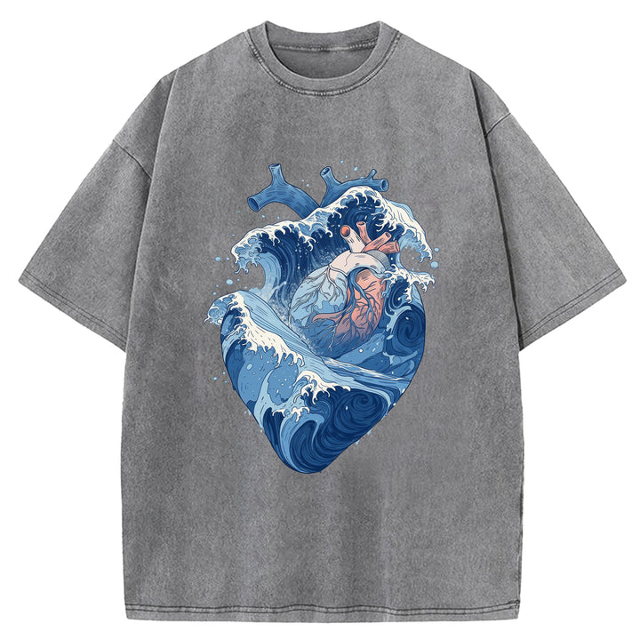 Blue Waves In The Shape Of A Heart Washed Crew Neck T-Shirt
