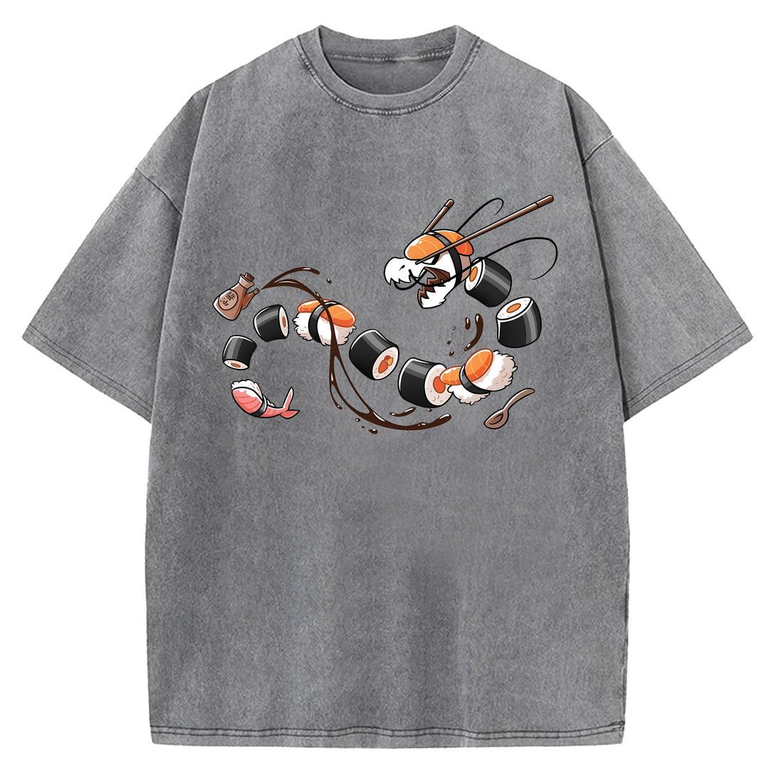 Dragon Shaped Sushi Washed Crew Neck T-Shirt