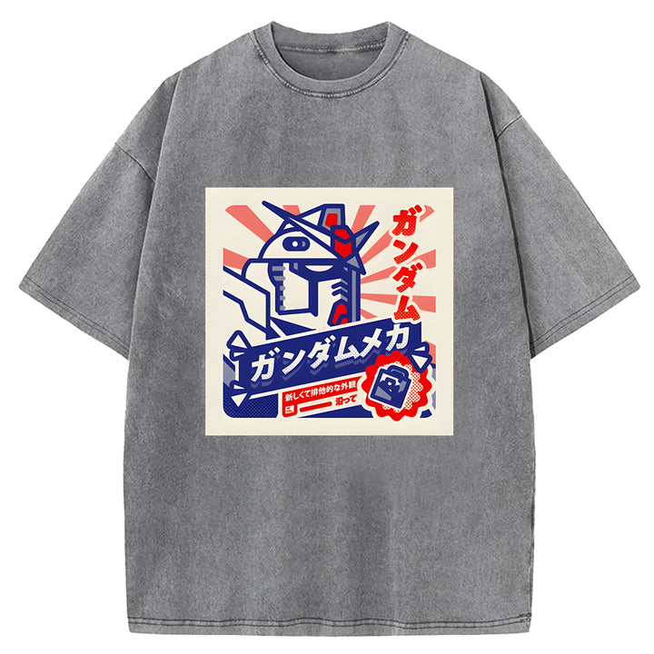 Retro Robot Japanese Design Washed Crew Neck T-Shirt