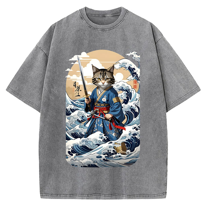Japanese Samurai Cat Washed Crew Neck T-Shirt