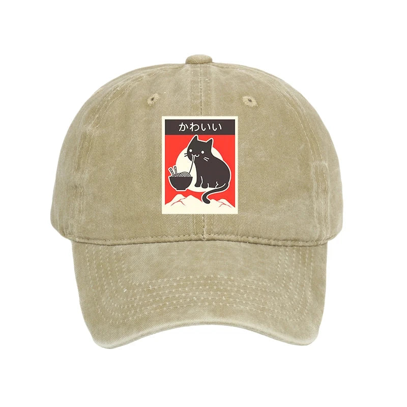 "Kawaii" Vintage Style Japenese Ramen Cat Washed Cap