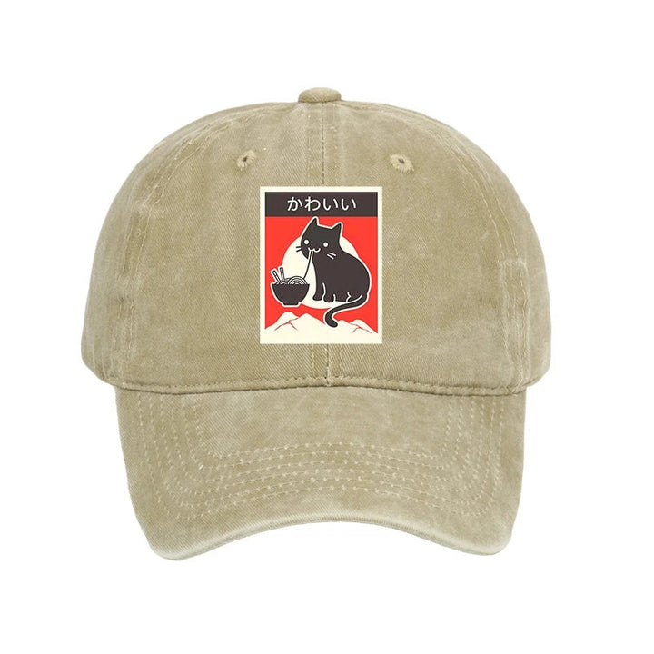 "Kawaii" Vintage Style Japenese Ramen Cat Washed Cap