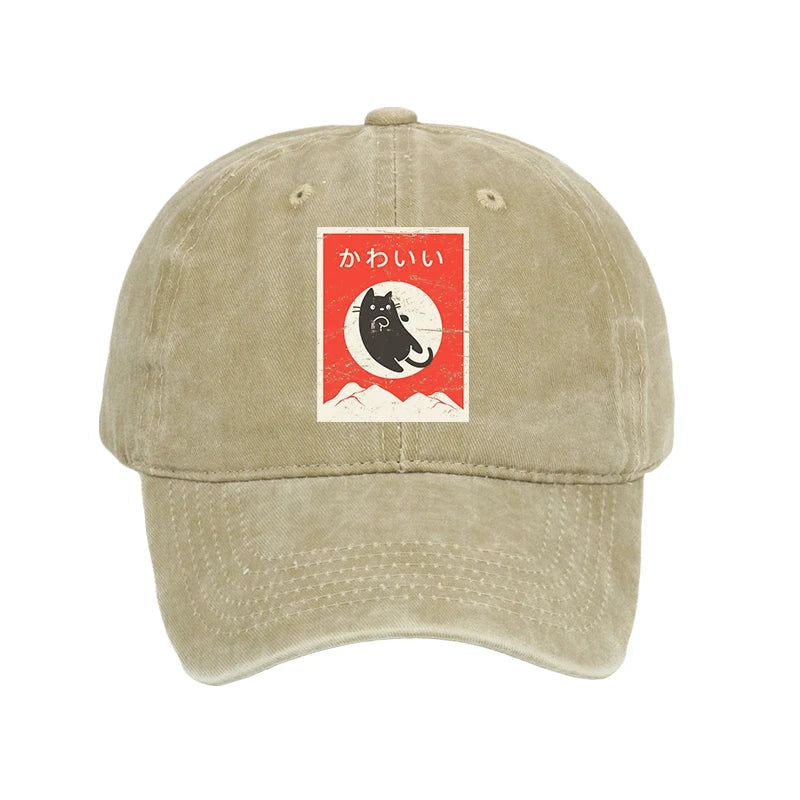 Cute Black Cat Japanese Washed Cap