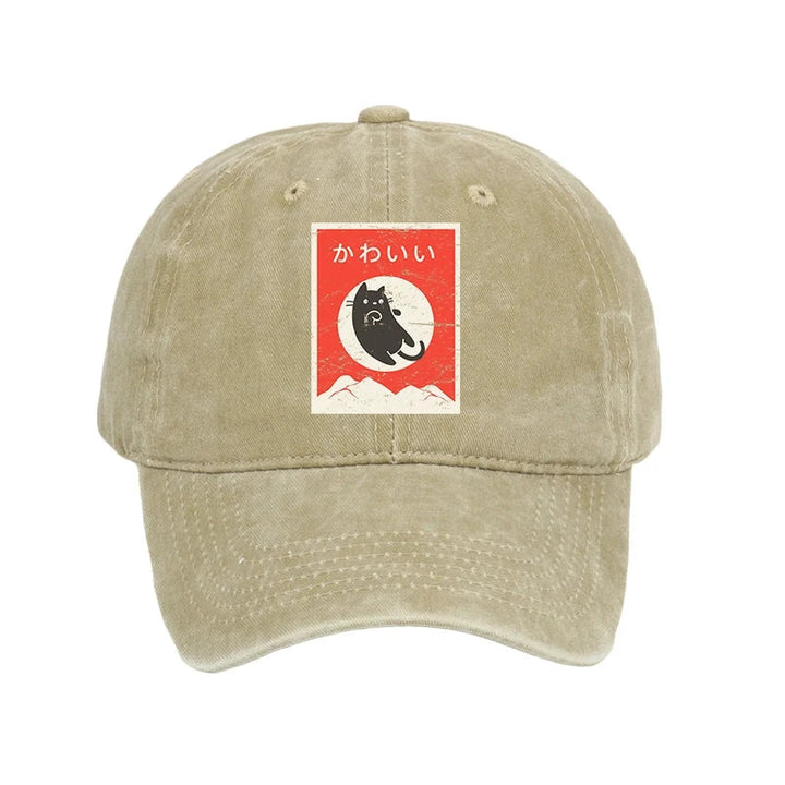 Cute Black Cat Japanese Washed Cap