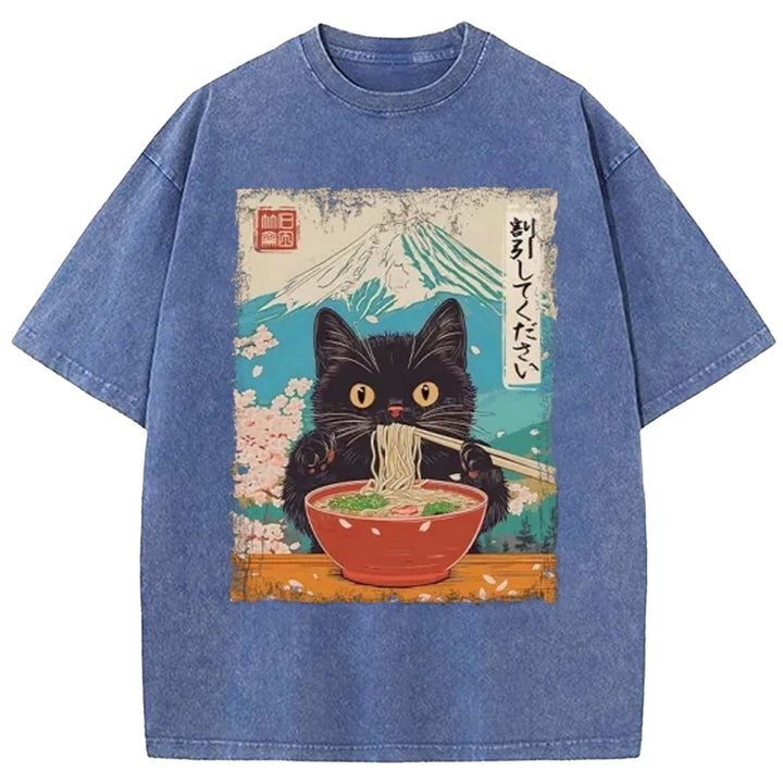 Black Cat Eating Ramen Washed Crew Neck T-shirt