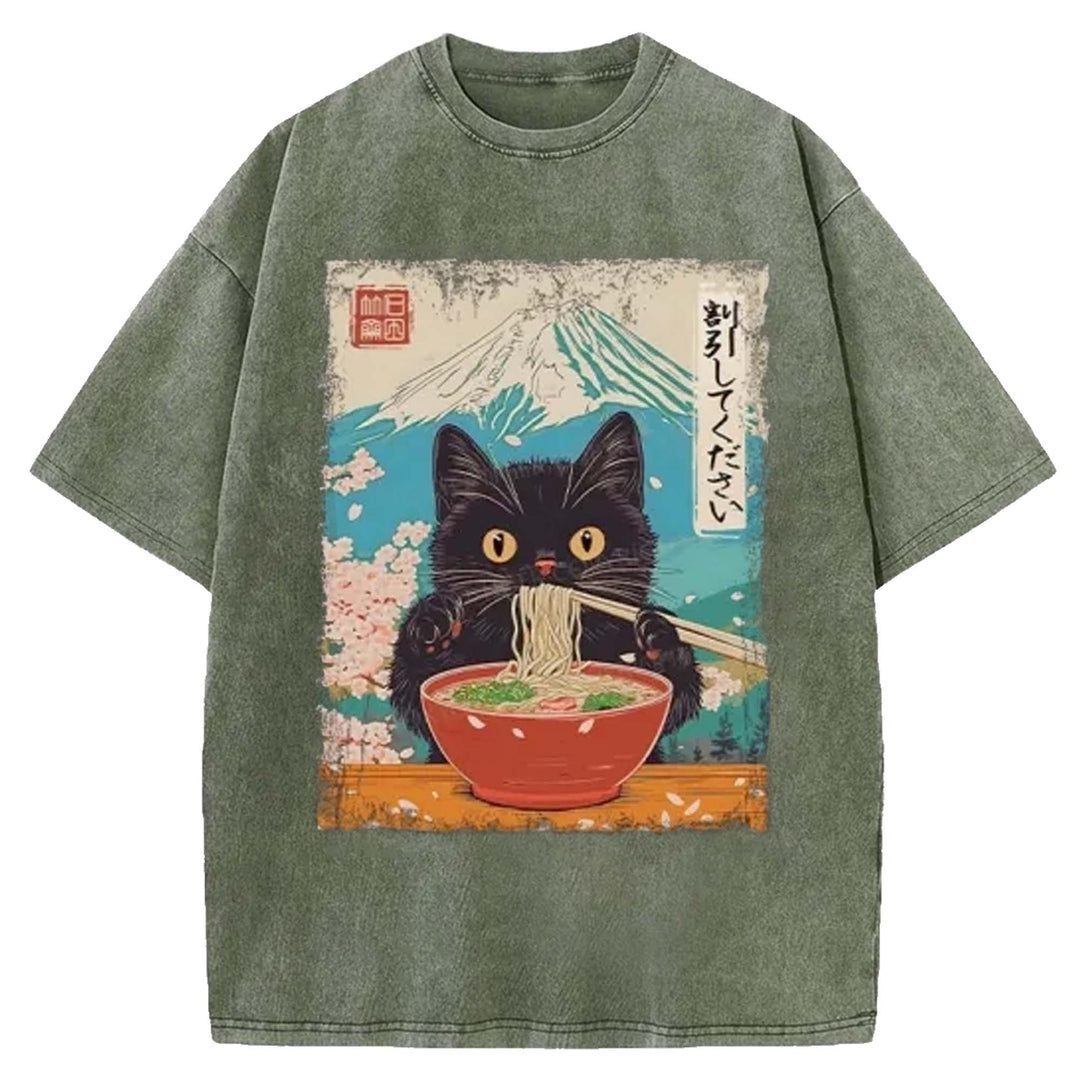 Black Cat Eating Ramen Washed Crew Neck T-shirt
