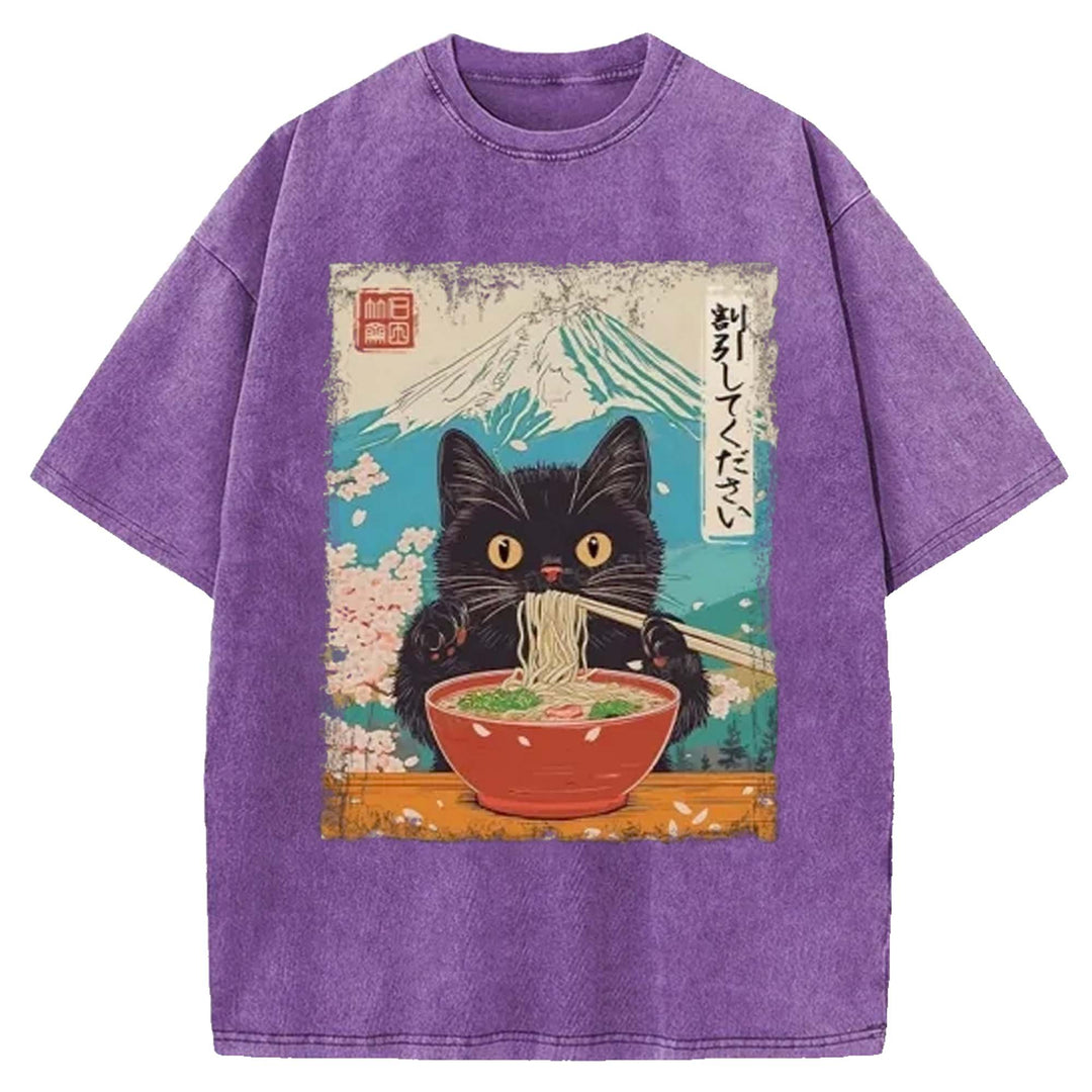 Black Cat Eating Ramen Washed Crew Neck T-shirt