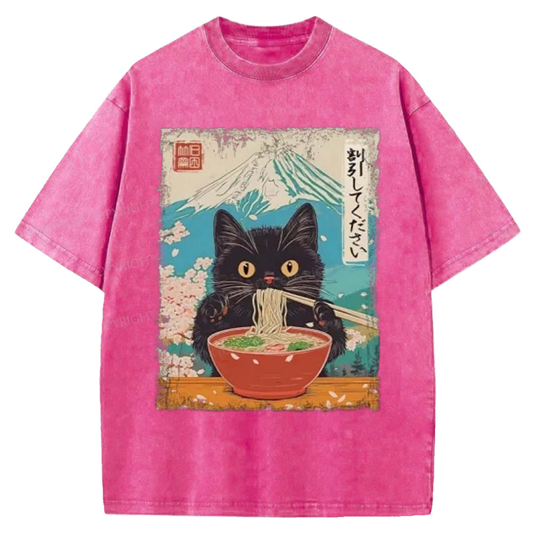 Black Cat Eating Ramen Washed Crew Neck T-shirt