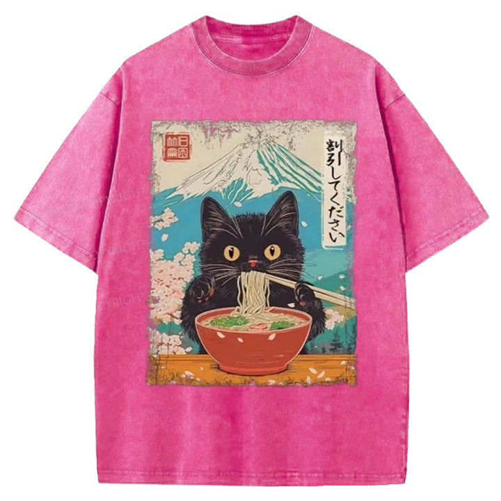Black Cat Eating Ramen Washed Crew Neck T-shirt