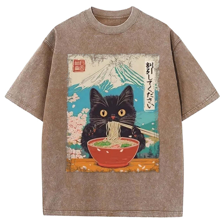 Black Cat Eating Ramen Washed Crew Neck T-shirt