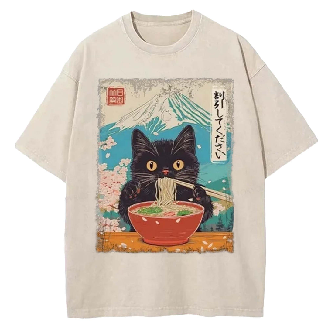 Black Cat Eating Ramen Washed Crew Neck T-shirt