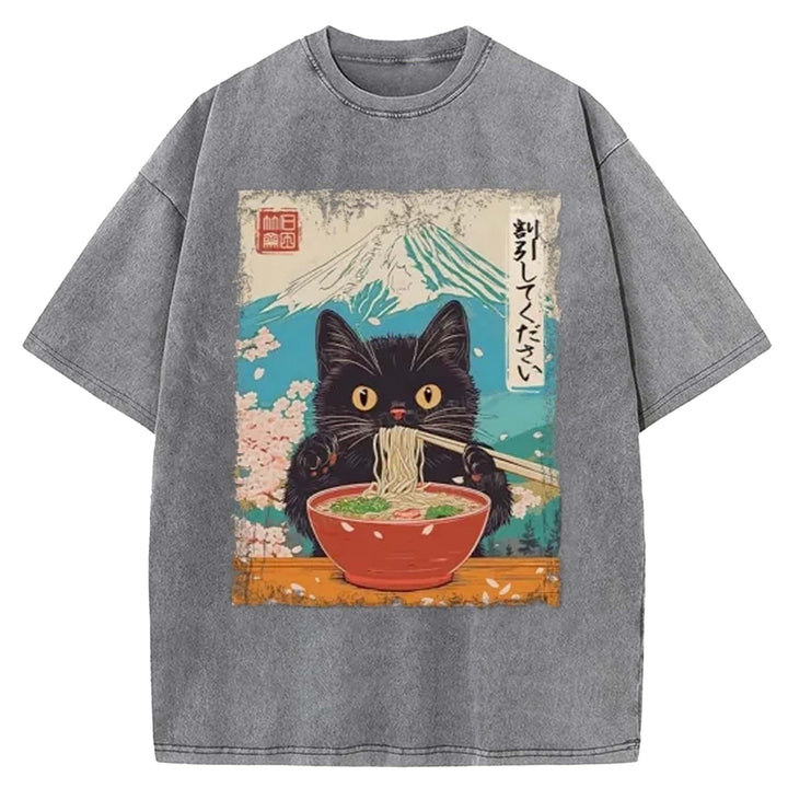 Black Cat Eating Ramen Washed Crew Neck T-shirt
