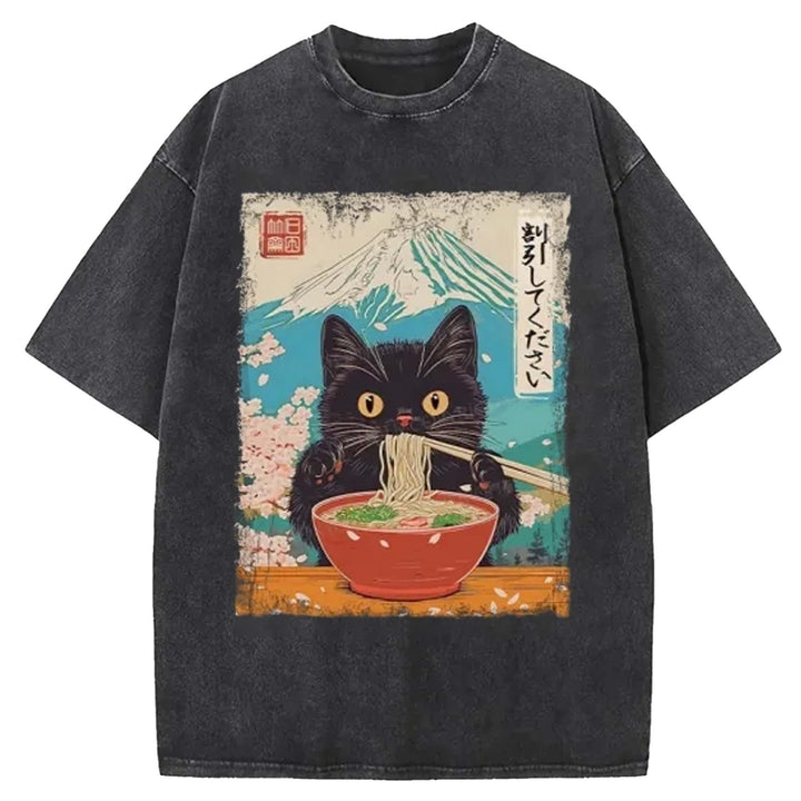 Black Cat Eating Ramen Washed Crew Neck T-shirt
