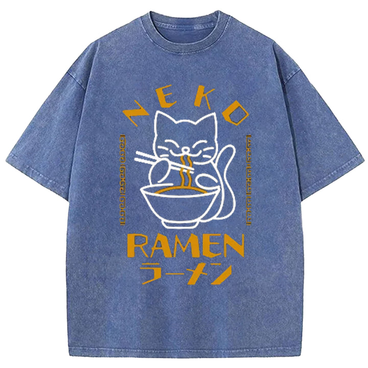Cats Who Like Lamian Noodles Washed Crew Neck T-Shirt