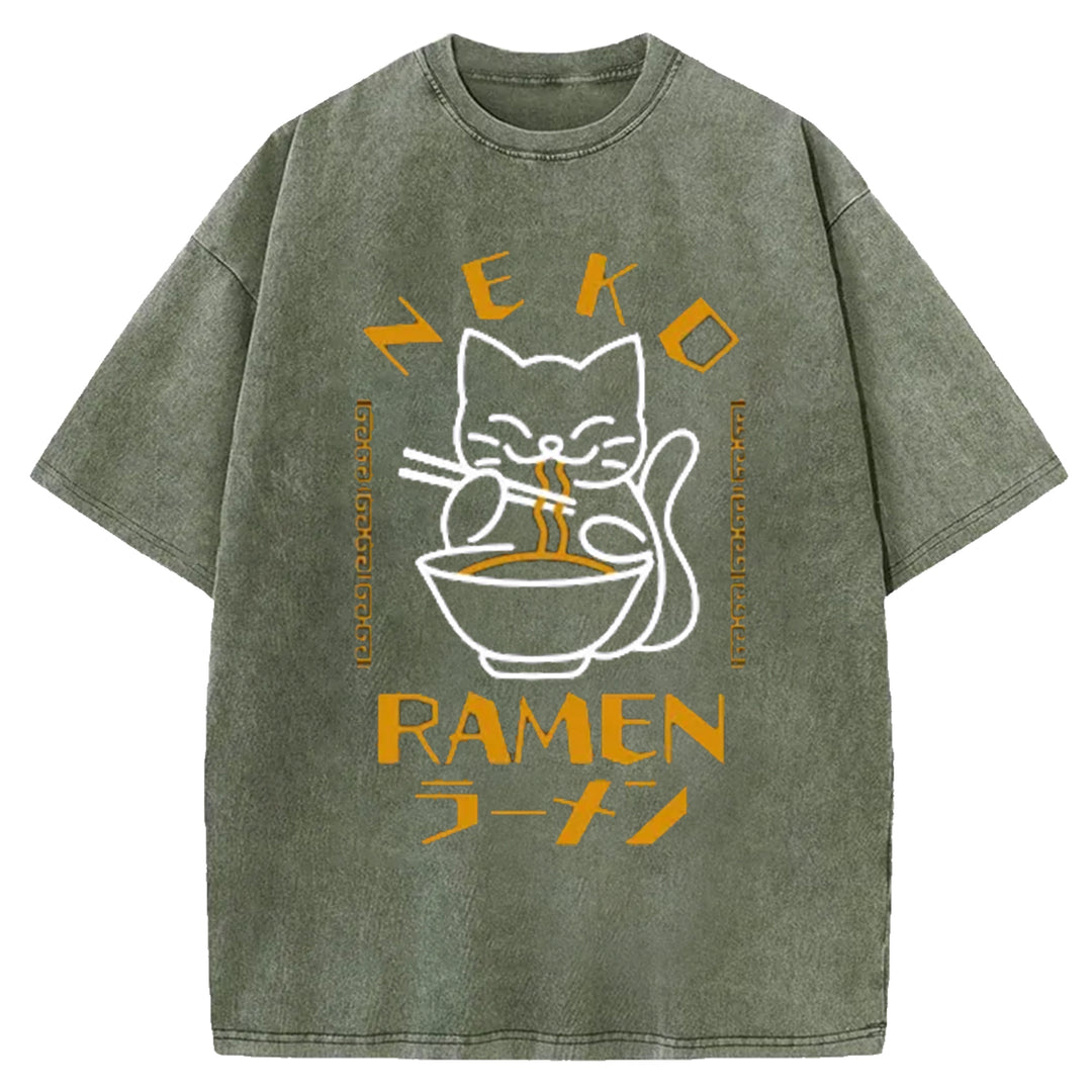 Cats Who Like Lamian Noodles Washed Crew Neck T-Shirt