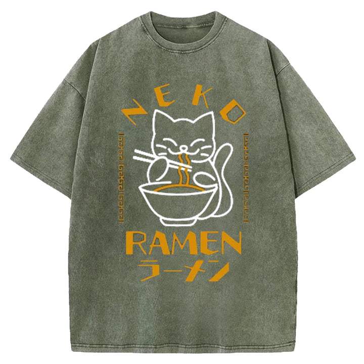 Cats Who Like Lamian Noodles Washed Crew Neck T-Shirt