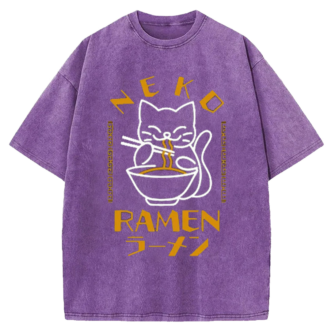 Cats Who Like Lamian Noodles Washed Crew Neck T-Shirt