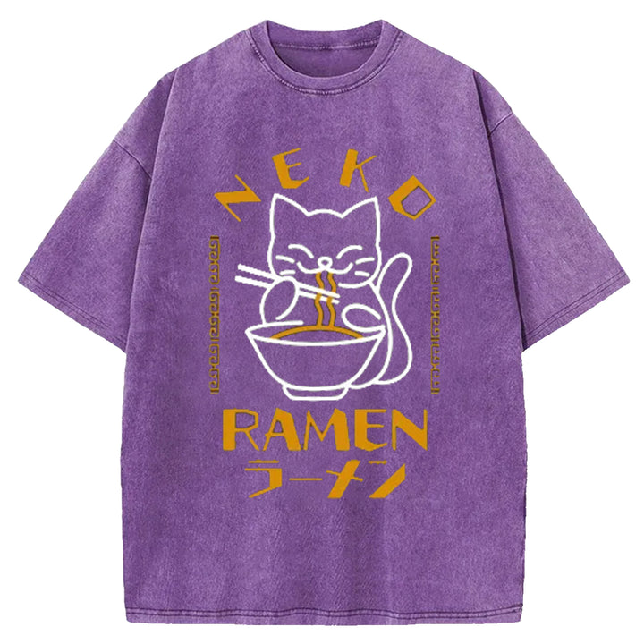 Cats Who Like Lamian Noodles Washed Crew Neck T-Shirt