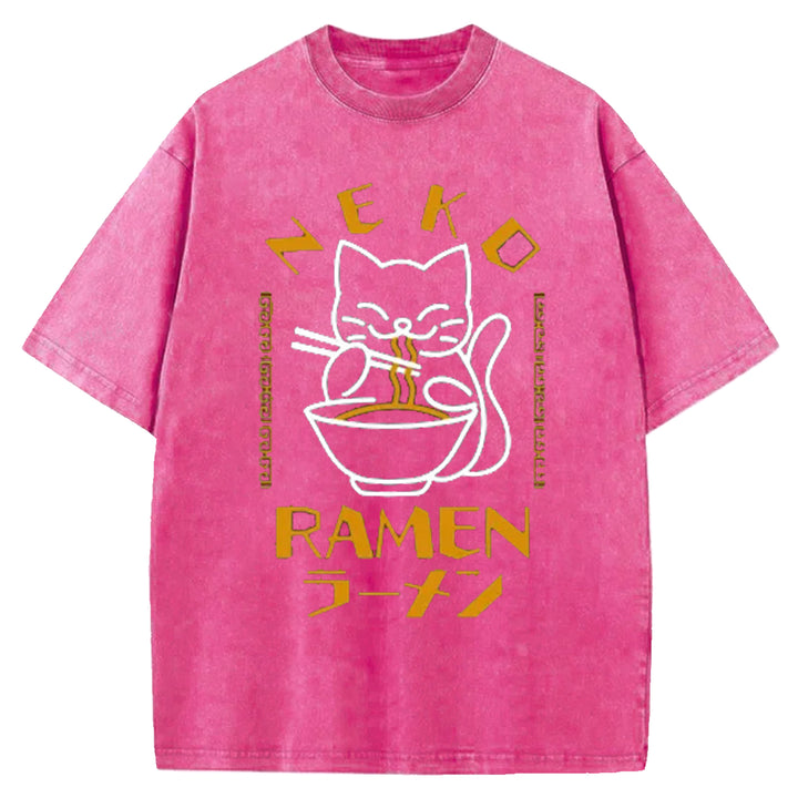 Cats Who Like Lamian Noodles Washed Crew Neck T-Shirt