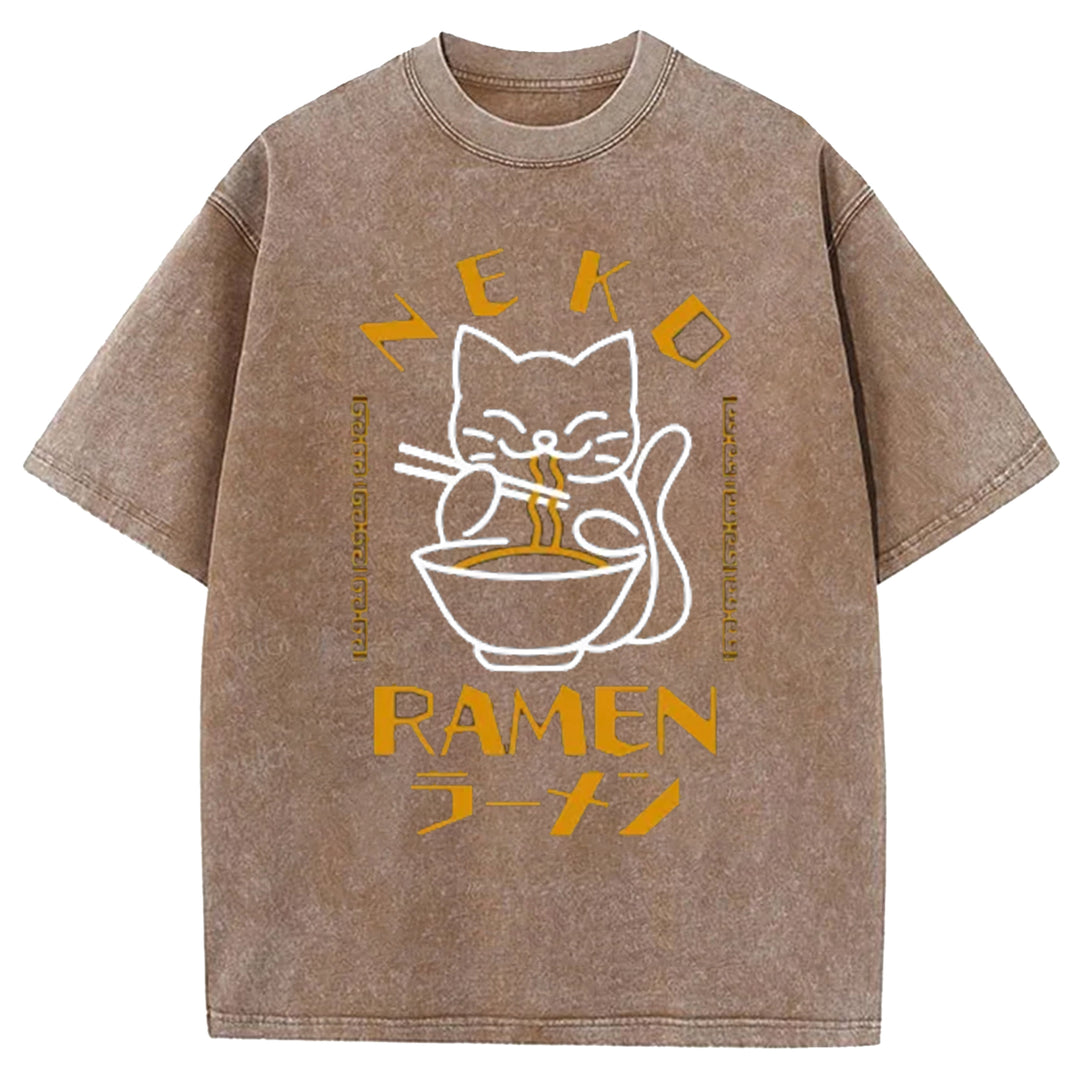 Cats Who Like Lamian Noodles Washed Crew Neck T-Shirt
