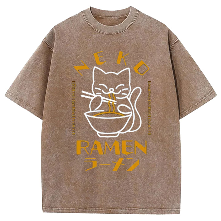 Cats Who Like Lamian Noodles Washed Crew Neck T-Shirt