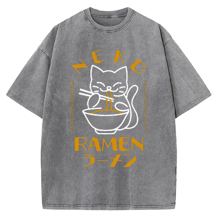 Cats Who Like Lamian Noodles Washed Crew Neck T-Shirt