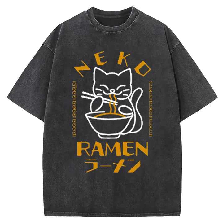 Cats Who Like Lamian Noodles Washed Crew Neck T-Shirt