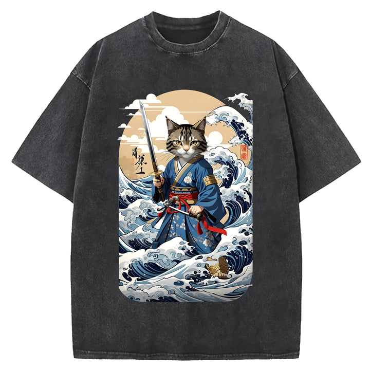 Japanese Samurai Cat Washed Crew Neck T-Shirt