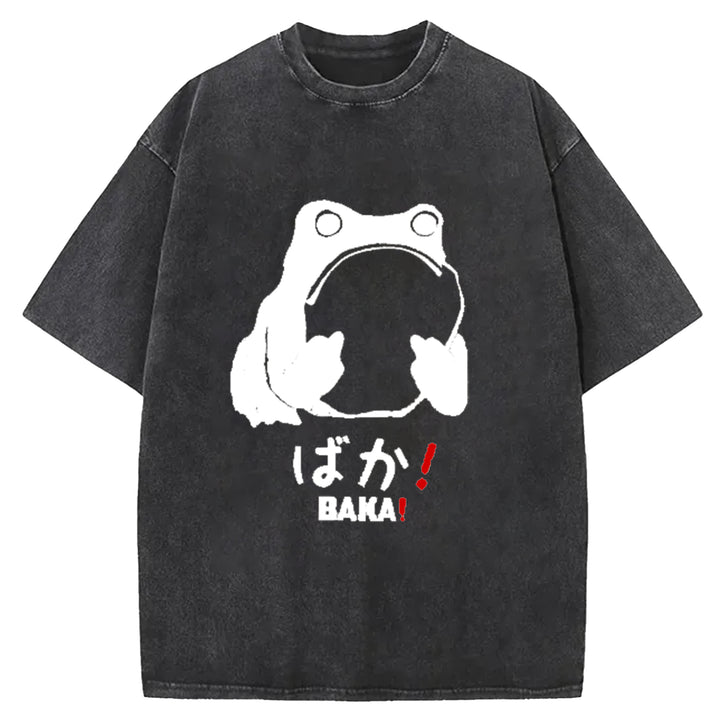 Funny Baka Frog Washed Crew Neck T-Shirt