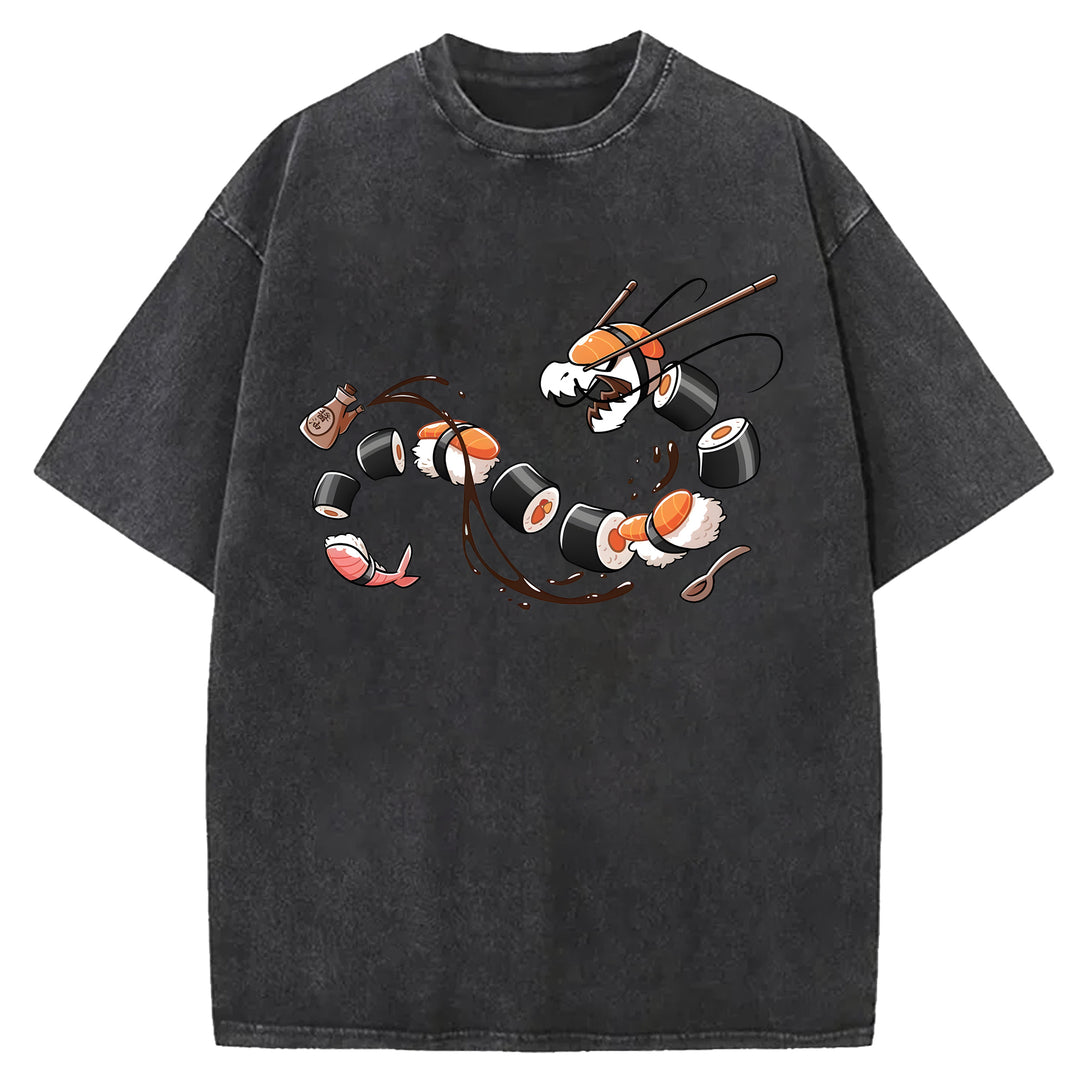 Dragon Shaped Sushi Washed Crew Neck T-Shirt