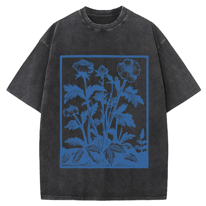 Vintage Flowers Design Washed Crew Neck T-Shirt