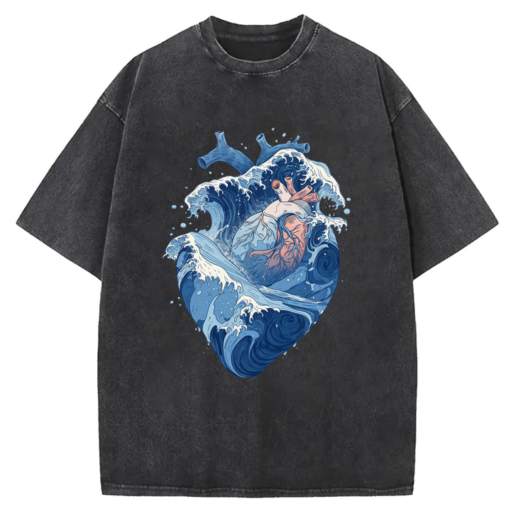 Blue Waves In The Shape Of A Heart Washed Crew Neck T-Shirt