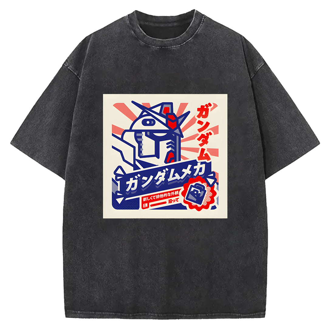 Retro Robot Japanese Design Washed Crew Neck T-Shirt