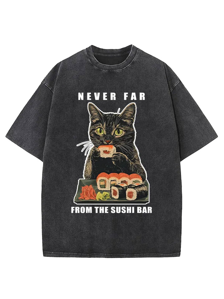 Cat Eating Sushi Vintage Washed Crew Neck T-shirt