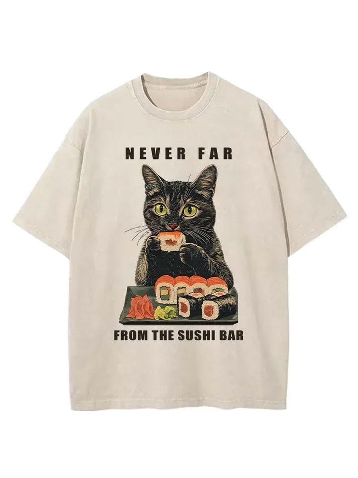 Cat Eating Sushi Vintage Washed Crew Neck T-shirt