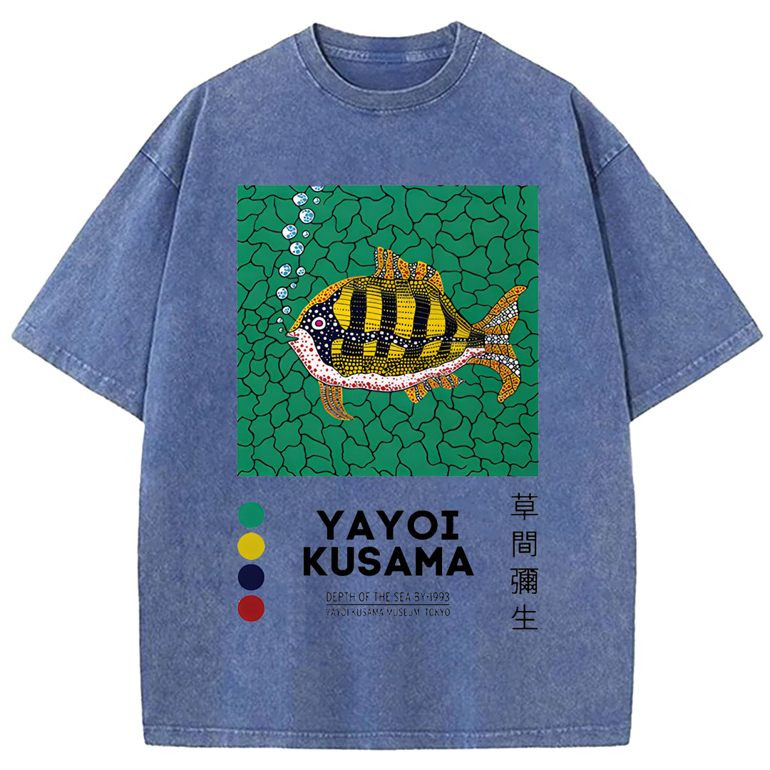 Yayoi Kusama Flower Vintage Japanese Design Washed Crew Neck T-Shirt