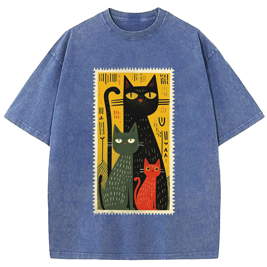 Vintage Cat Design Washed Crew Neck T-Shirt