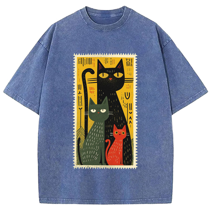 Vintage Cat Design Washed Crew Neck T-Shirt