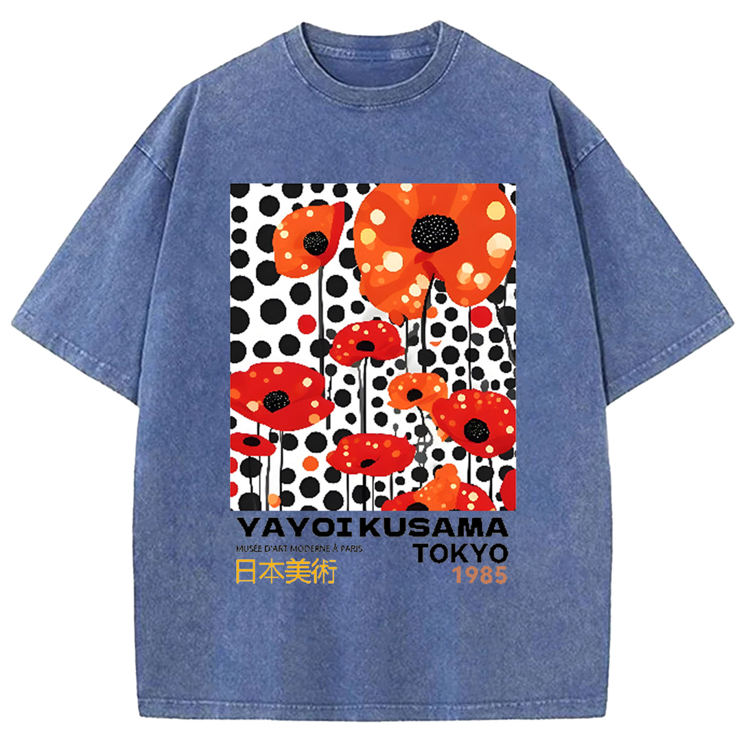 Yayoi Kusama Flower Vintage Japanese Design Washed Crew Neck T-Shirt