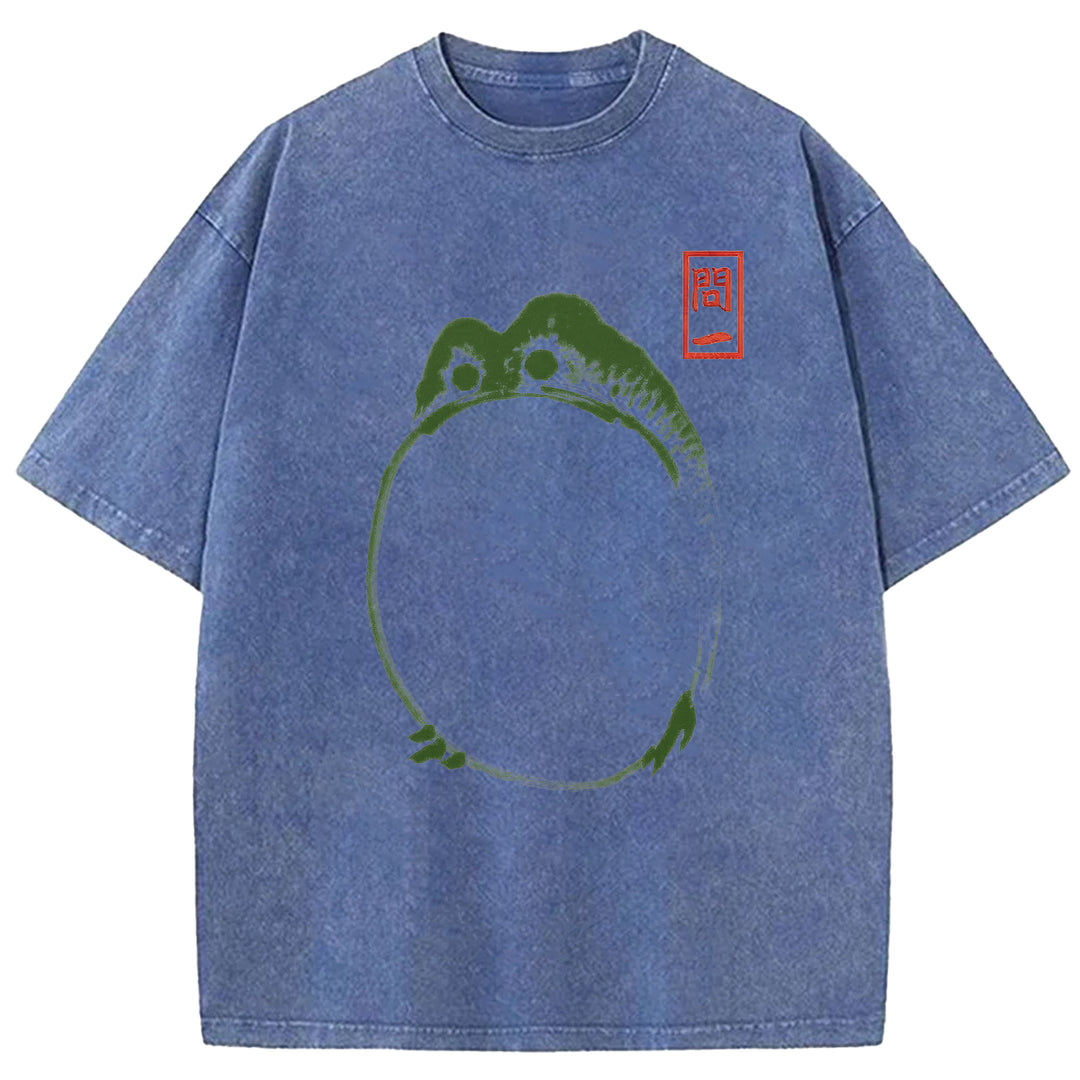 Retro Frog Design Washed Crew Neck T-Shirt