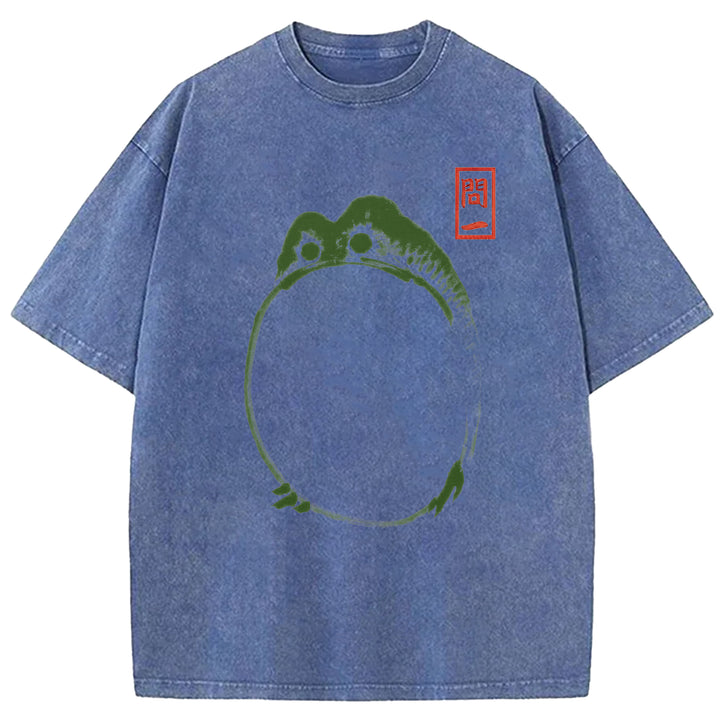 Retro Frog Design Washed Crew Neck T-Shirt