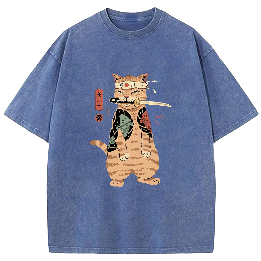 Japanese Samurai Cat Washed Crew Neck T-Shirt