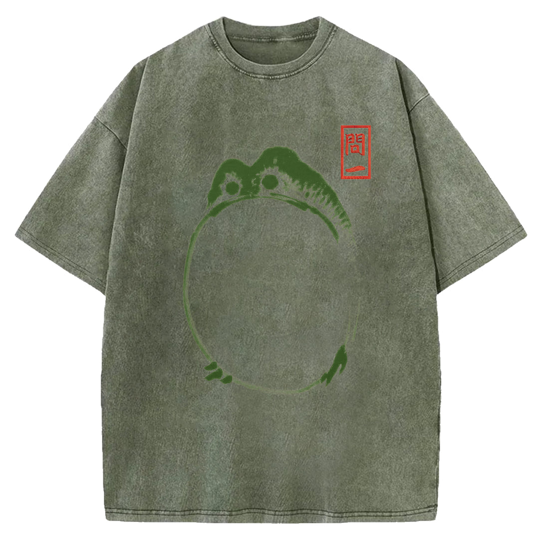 Retro Frog Design Washed Crew Neck T-Shirt